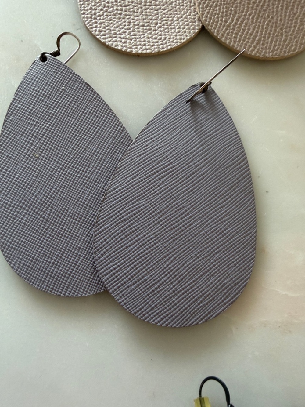 Nickel & Suede Handmade Teardrop Leather Earrings - Gold, Taupe, Lavender, Blue - Picture 4 of 5